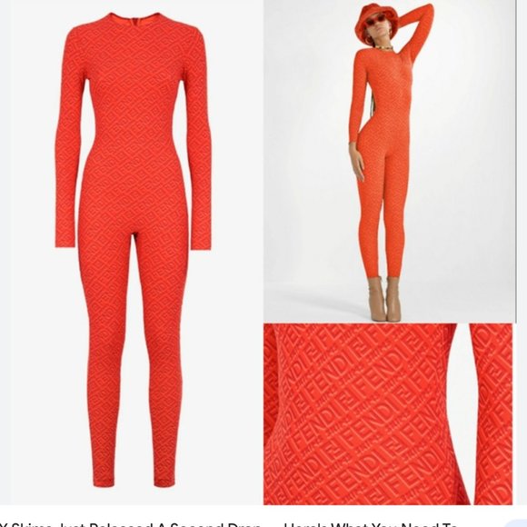 FENDI X SKIMS GEORGIA ORANGE/RED LONG-SLEEVE BODYSUIT JUMPSUIT ONSIEMEDIUM